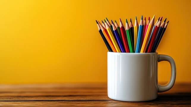 Colorful pencils in a white mug