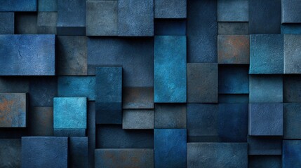 Vibrant blue and teal geometric shapes are arranged in a mosaic pattern, creating depth and texture. This abstract design emphasizes the interplay of light and shadow on various surfaces.