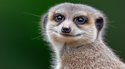 Fototapeta premium Captivating Meerkat Gaze: A charming meerkat stares intensely at the camera, showcasing its inquisitive nature against a lush green backdrop.
