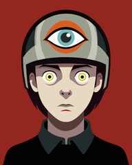 The persons eyes were wide and vacant a victim of the helmets brainwashing powers.. Vector illustration