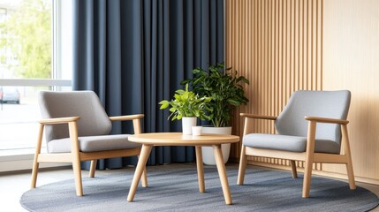 A cozy corner with two armchairs and a small table, facing a window, in a modern room.  Wooden walls, dark drapes, and light-colored furniture create a relaxing atmosphere