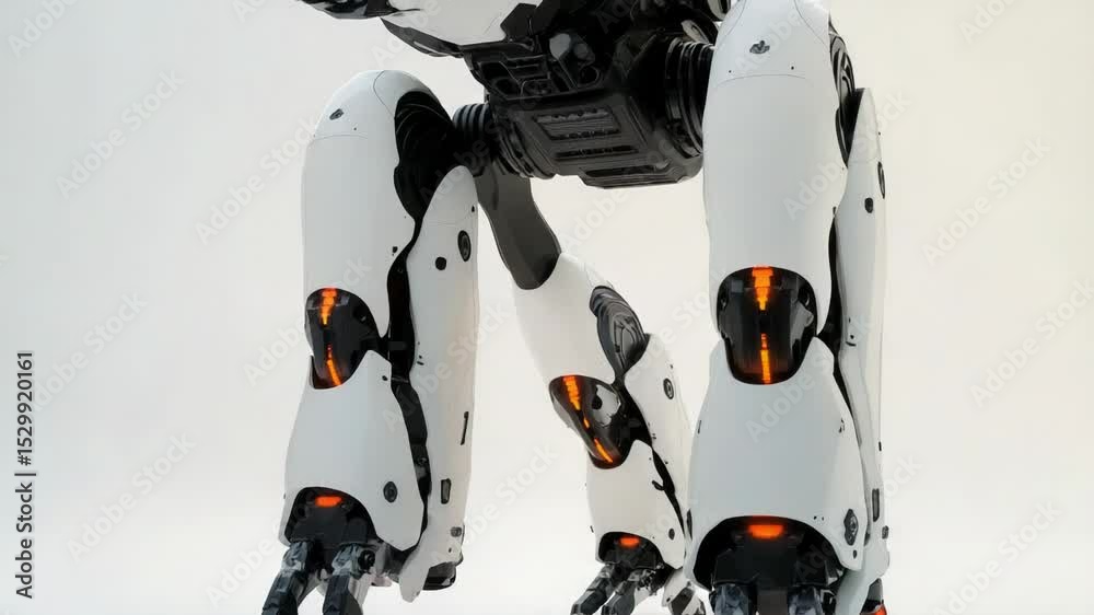 Poster a futuristic white robot with bright orange lights on its legs, great for tech and innovation concep