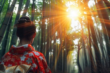 Asian woman wearing japanese traditional kimono at Bamboo Forest in Japan