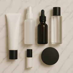 Different types of containers for beauty products lying on a marble surface, creating a minimalist and elegant flat lay composition