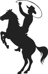 Obraz premium Silhouette of Cowboy Riding Rearing Horse with Lasso Raised – Bold Black Design Capturing Dynamic Western Action and Adventurous Spirit on a Plain White Background