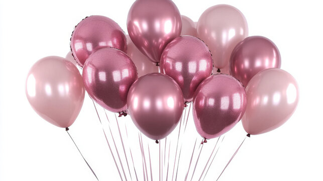 A collection of metallic pink balloons used for birthday party decoration.