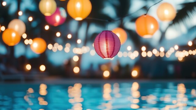 Colorful lanterns hanging over water at evening pool party