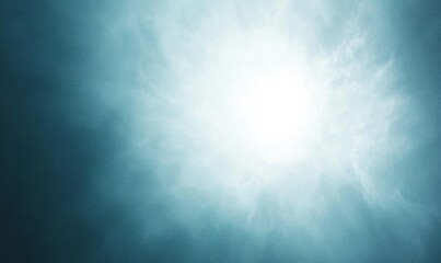 Fototapeta premium A bright, sun-like light source is centered, surrounded by teal-toned clouds, creating a radiant, ethereal effect. 