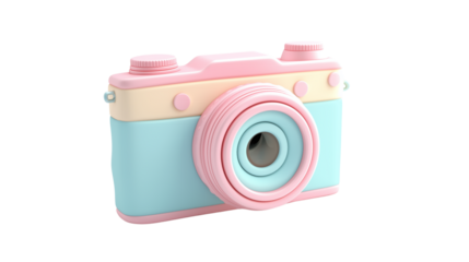 Retro camera icon in pastel summer colors, floating 3D look, transparent background, PNG