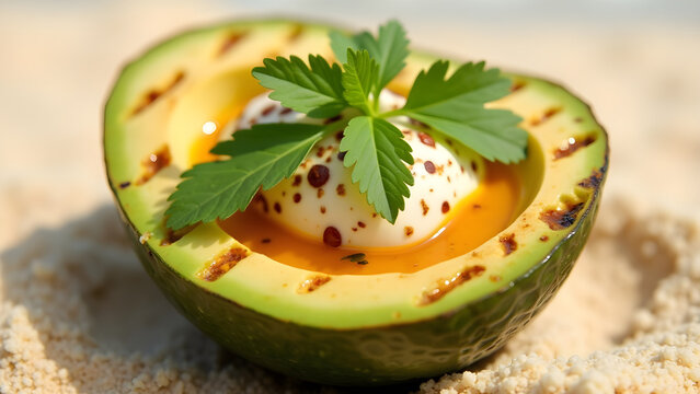 Grilled Avocado with Cilantro and Sauce on Beach Sand Setting