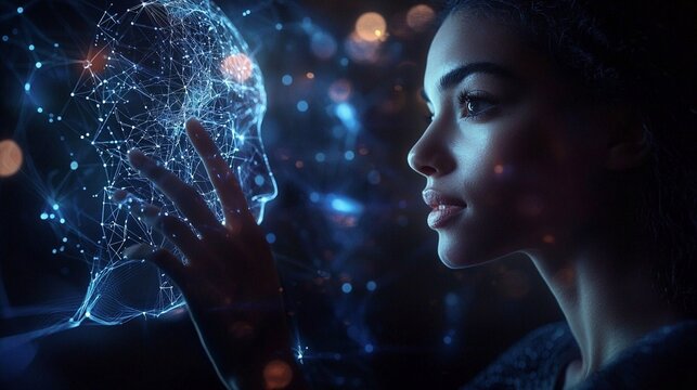 Young woman interacting with cybernetic holograms, seamless neural connection, futuristic mind interface, glowing technology, digital symbiosis on dark background