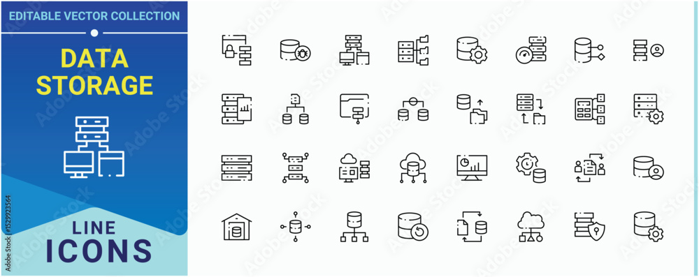 Poster data storage icon set. contains outline symbols like data center, server, computing, data, hosting, 