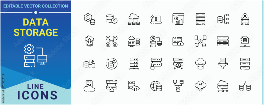 Poster data storage icon set. contains outline symbols like data center, server, computing, data, hosting, 