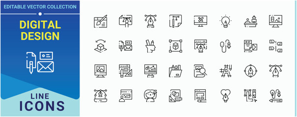 Digital Design icon collection. Contains such icons as art, designer, creative, illustration, design, tool and more. Graphic Design icon collection. Minimalist icons pack. Art and illustration.