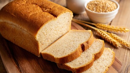 A golden-brown loaf of spelt bread rests on a rustic wooden board, sliced to show its airy, grain-speckled interior. Nearby, spelt grains and wheat stalks highlight its ancient grain roots.