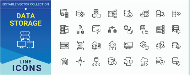Data Storage icon set. Contains outline symbols like data center, server, computing, data, hosting, host, analytics and more. Database linear icon collection. Minimal icons pack. Editable vector art.