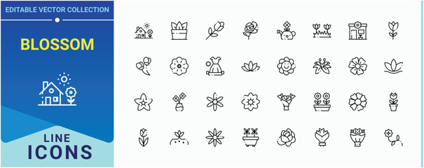 Blossom linear icon set. Contain linear sign nature, bloom, flora, flower garden and more. Flower vector icon set. Minimalist icons collection. Pixel perfect. Editable stroke.
