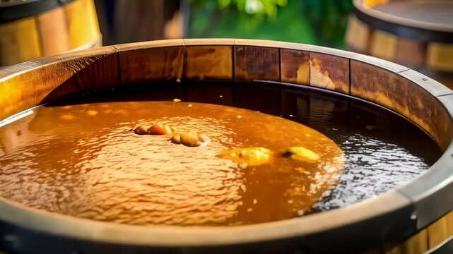 Close-up of liquid filled oak barrels showing brewery or winery production process with fermentation and bubbling, wood texture.