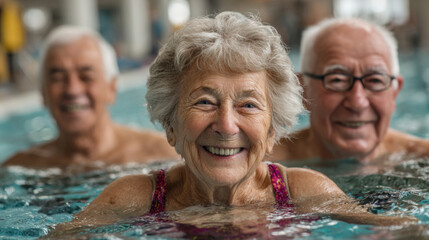 Three seniors are happily swimming in a community pool. They smile broadly while engaging in a gentle water exercise routine. Sunlight filters through the water, creating a cheerful atmosphere.
