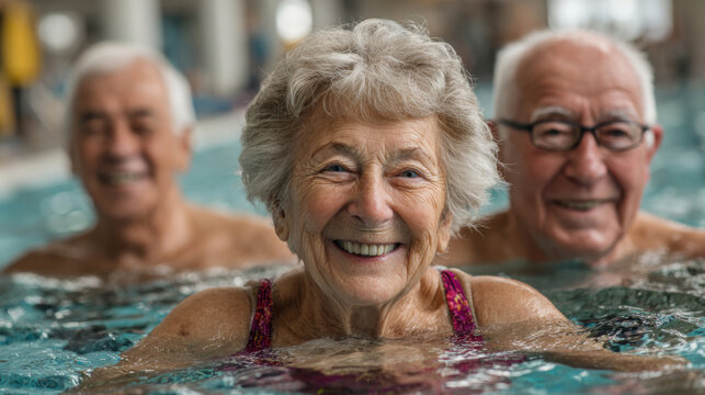 Three seniors are happily swimming in a community pool. They smile broadly while engaging in a gentle water exercise routine. Sunlight filters through the water, creating a cheerful atmosphere.