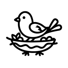 Fototapeta premium Line art bird in nest with eggs and leaves 
