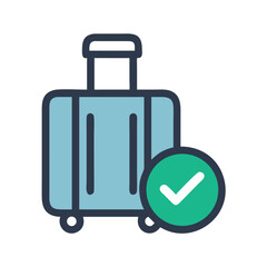 Fototapeta premium Blue suitcase icon with check mark symbol in flat design