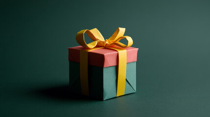 A handcrafted birthday gift box made from origami paper, set against a dark green background. 