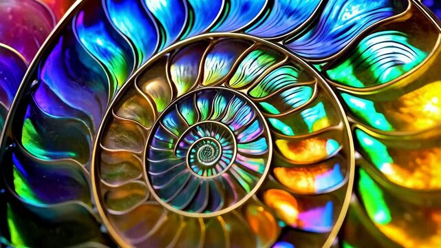 Closeup of a vibrant iridescent nautilus shell with perfect golden ratio spiral pattern and colorful chambers