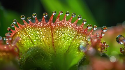 Naklejka premium Close-up of a Venus flytrap leaf covered in dew drops.