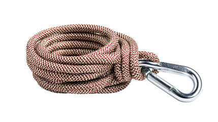 Coiled Rope and Carabiner: A neatly coiled rope, secured by a metallic carabiner, speaks to concepts of security, adventure, and preparedness. the image focuses on texture and form.