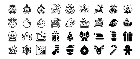 A collection of 36 Christmas icons, including ornaments, reindeer, Santa Claus, and other festive symbols.