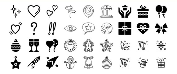 A collection of hand-drawn icons representing various concepts, including love, celebration, travel, and Christmas, suitable for various design purposes.
