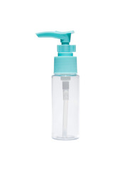 Transparent plastic bottle or container, elongated, narrow with cap, isolated on a white background. Spray or pump. Clipping path. Front view