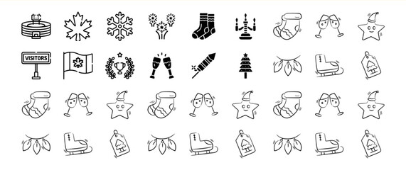 A collection of 36 diverse icons representing winter holidays, sports, and celebrations.