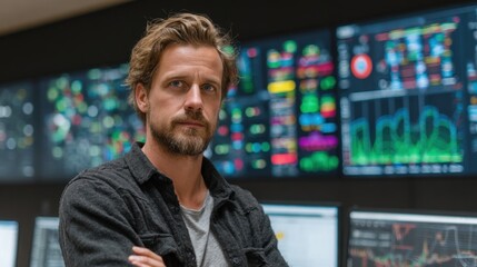 A man stands confidently with crossed arms in a modern office surrounded by large screens displaying various financial data and graphs. The setting indicates a busy trading or analytics environment.