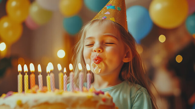 A joyful child wearing a party hat eagerly blows out candles on a birthday cake. 