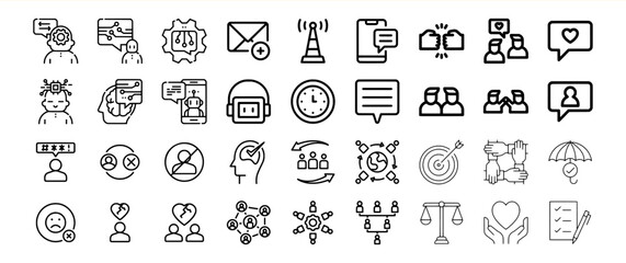 A collection of 36 diverse line icons depicting various concepts related to communication, technology, teamwork, and social interaction.