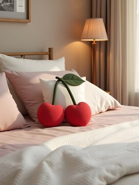 Cozy bedroom decor with cherry shaped cushion on bed for relaxed interior design