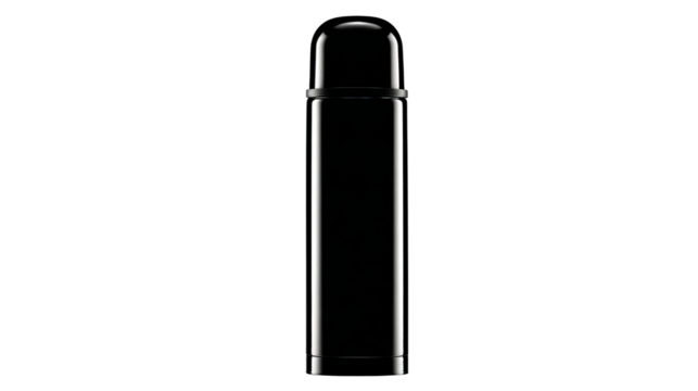 Sleek Black Thermal Flask: A minimalist studio shot showcases a polished, black thermal flask, radiating sophistication and functional design against a clean backdrop.