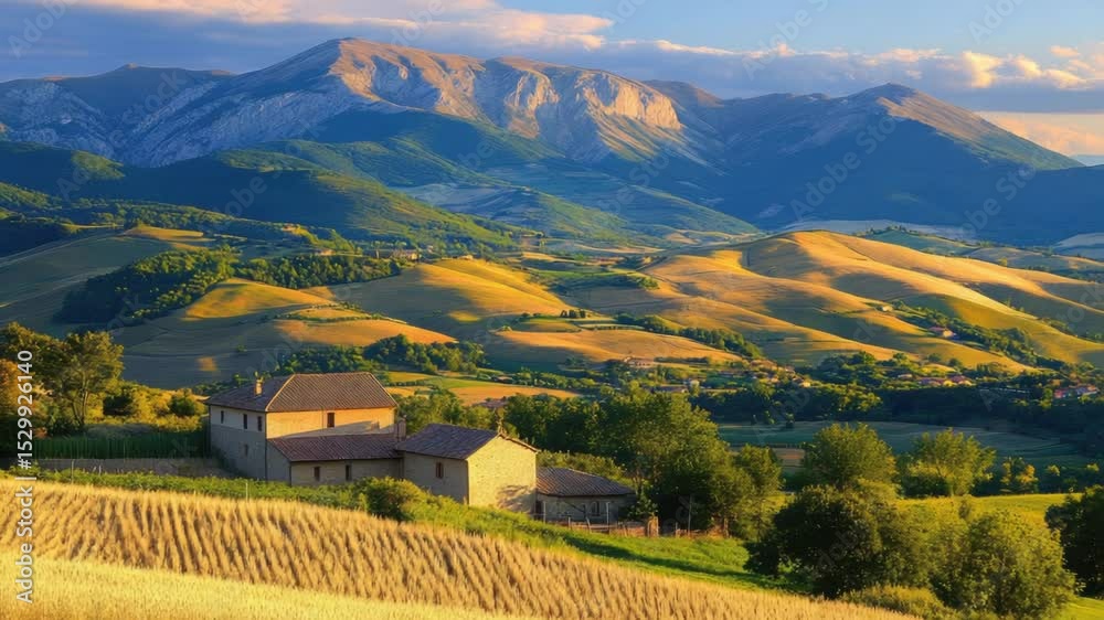Poster a house situated in a green field with mountains visible in the background