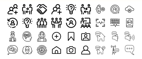 Collection of diverse icons representing teamwork, communication, technology, AI, and problem-solving