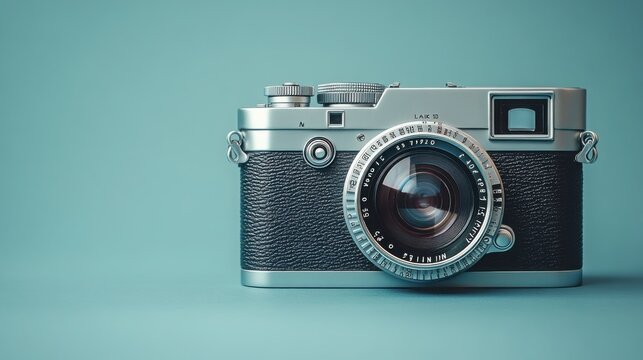 Vintage Silver Rangefinder Camera Classic Photography Equipment Retro Film Camera on Teal Background