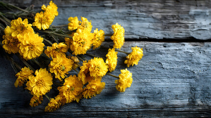 Swedish national day celebration with yellow flowers on rustic wooden background. Sveriges nationaldag. Horizontal banner. Copy space. National Day of Sweden