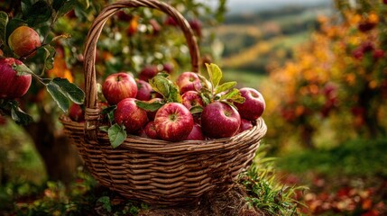 A basket filled with red apples rests on the ground, surrounded by vibrant autumn foliage and apple trees. The scene captures the essence of the harvest season.