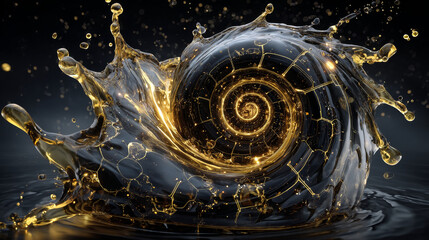 3d render, digital illustration, clear yellow spiral jet, lemonade, tea, oil splash, alcohol liquid wave, splashing loops, curvy line, isolated on black background