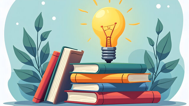 Education concept illustration with books and lightbulb for learning and knowledge growth 100