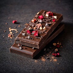 Dark chocolate bars with toppings on slate background  