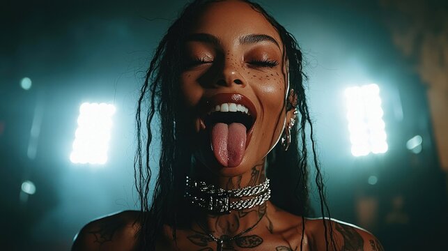 Club Girl with Edgy Tattoos and Piercings Sticking Out Tongue Playfully on Dark background with Neon Lights. Club Concept with copy space.
