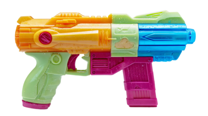 Colorful Toy Gun: A vibrant close-up of a playful toy gun with various bright colors and an appealing design, perfect for fun and imaginative play.