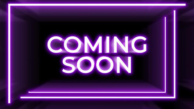 "Coming Soon" text glowing in electric purple, perfect for futuristic promos, club events, tech product launches, or dynamic social media teasers